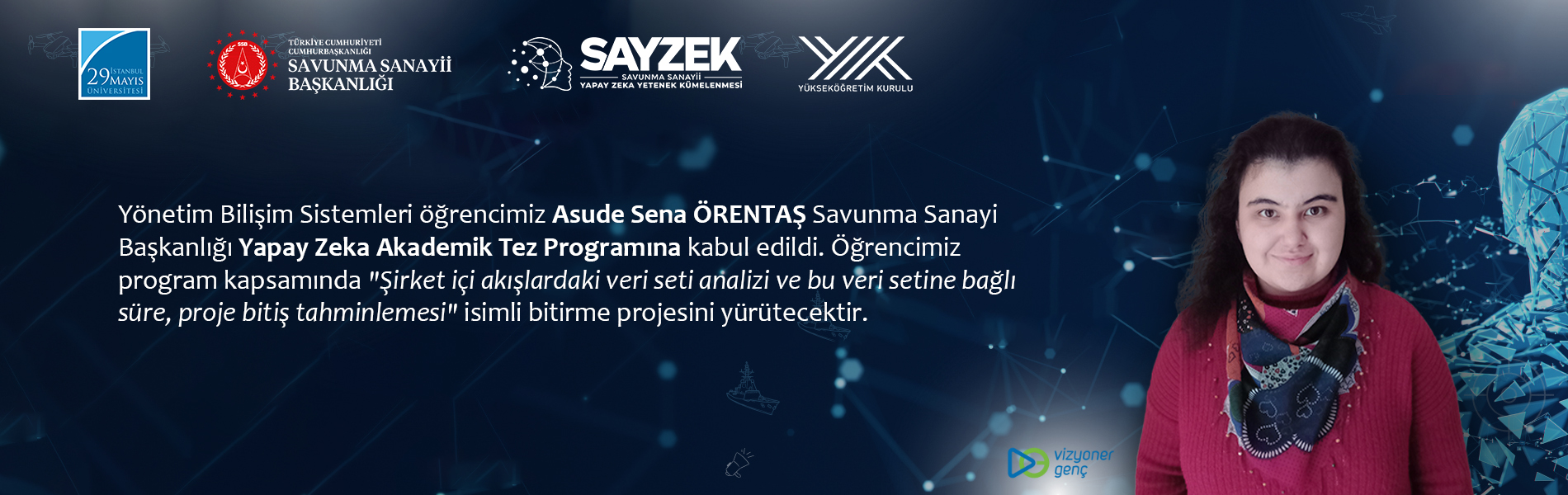 Yönetim Bilişim Sistemleri Öğrencimiz Asude Sena ÖRENTAŞ Savunma Sanayi Başkanlığı Yapay Zeka Akademik Tez Programına Kabul Almıştır