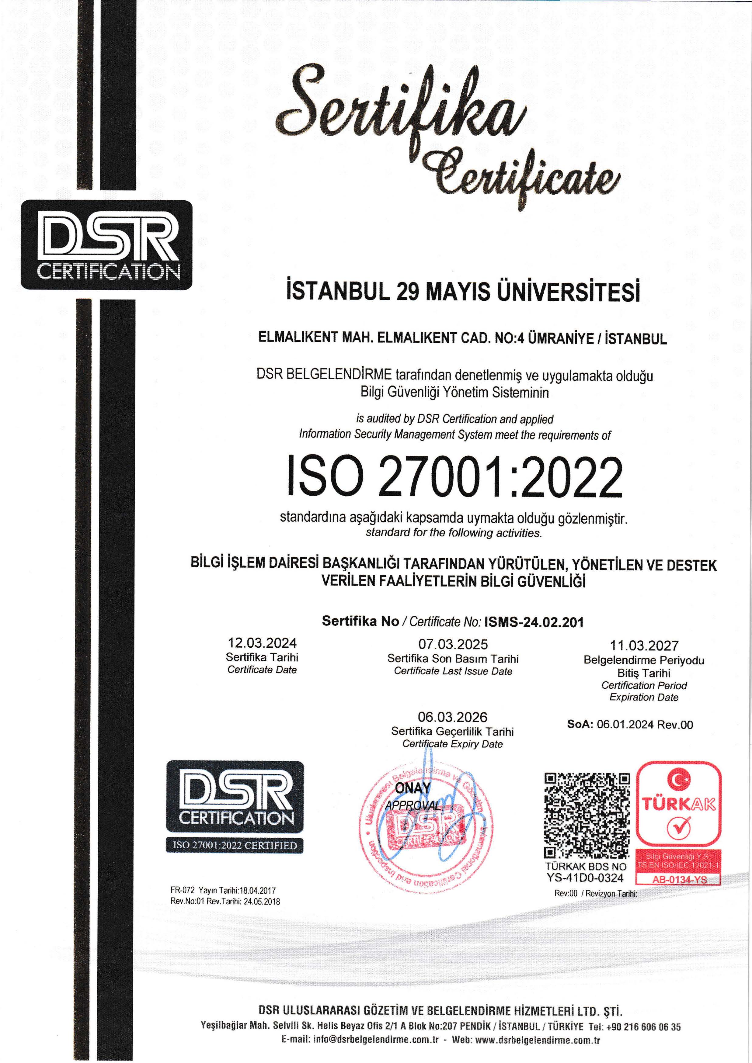İstanbul 29 Mayıs Üniversitesi ISO 27001 Sertifikası