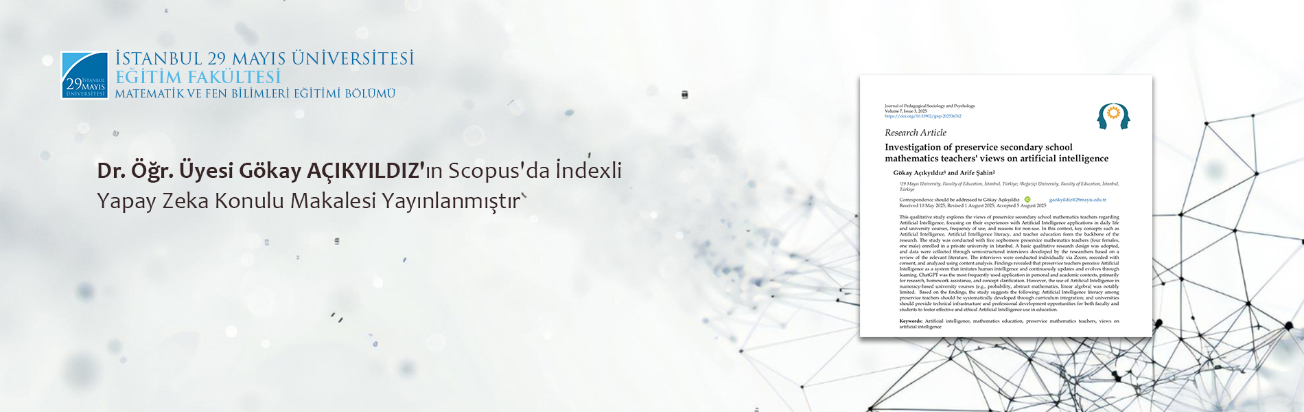 Dr. Öğr. Üyesi Gökay AÇIKYILDIZ'ın Scopus'da İndexli Yapay Zeka Konulu Makalesi Yayınlanmıştır