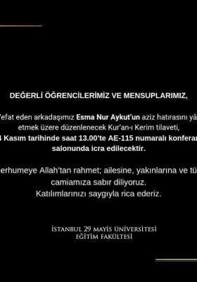 Vefat Eden Öğrencimiz için Kur'an-ı Kerim Tilaveti