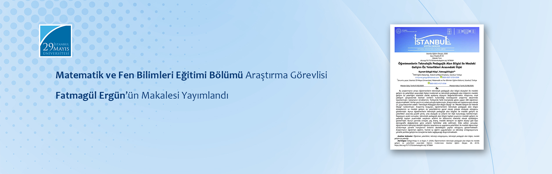 Matematik ve Fen Bilimleri Eğitimi Bölümü Araştırma Görevlisi Fatmagül Ergün’ün Makalesi Yayımlandı