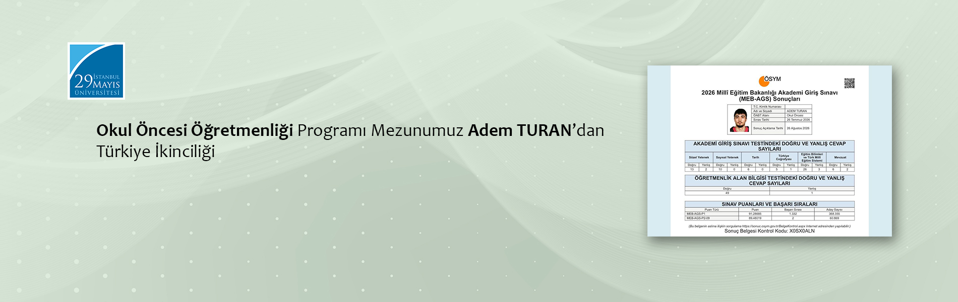 Okul Öncesi Öğretmenliği Programı Mezunumuz Adem TURAN’dan Türkiye İkinciliği